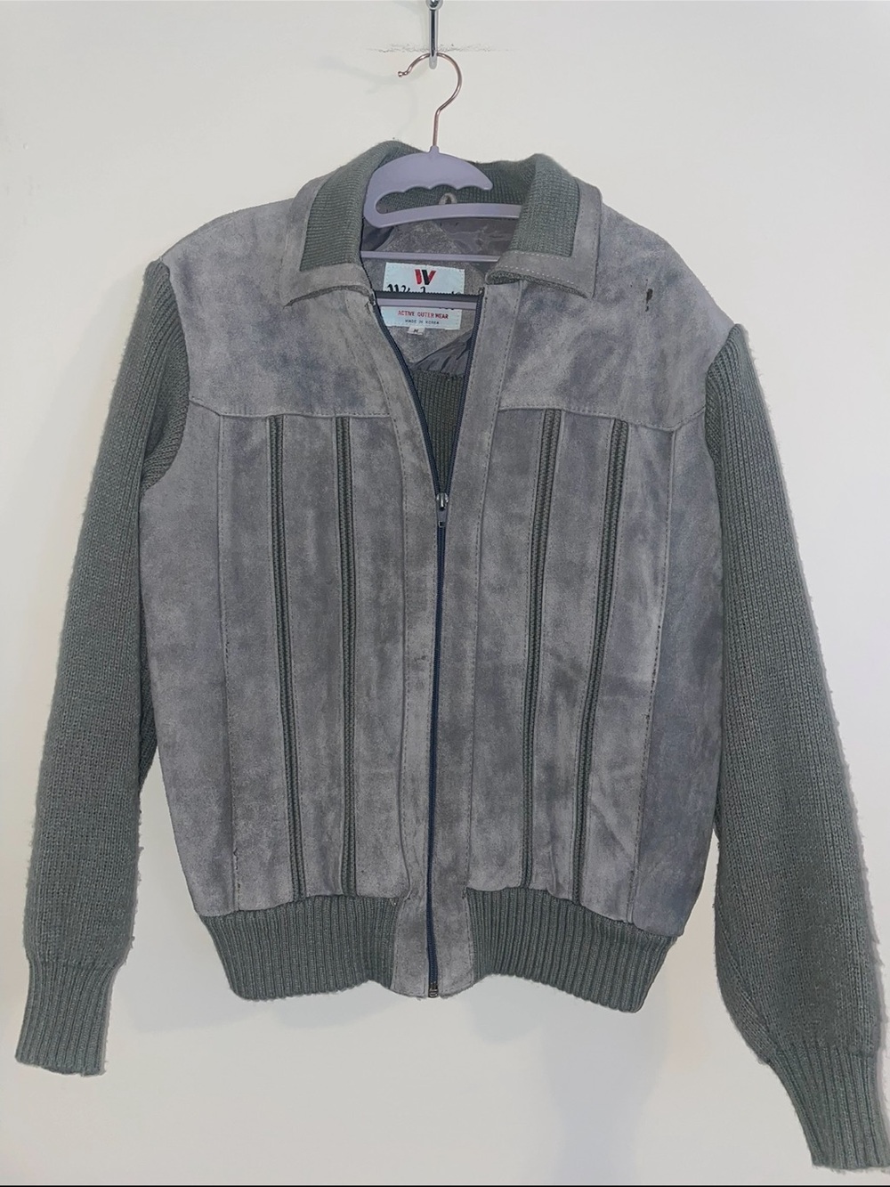 Vintage windcrest Grey Suede Sleeve Men's Sweater Jacket